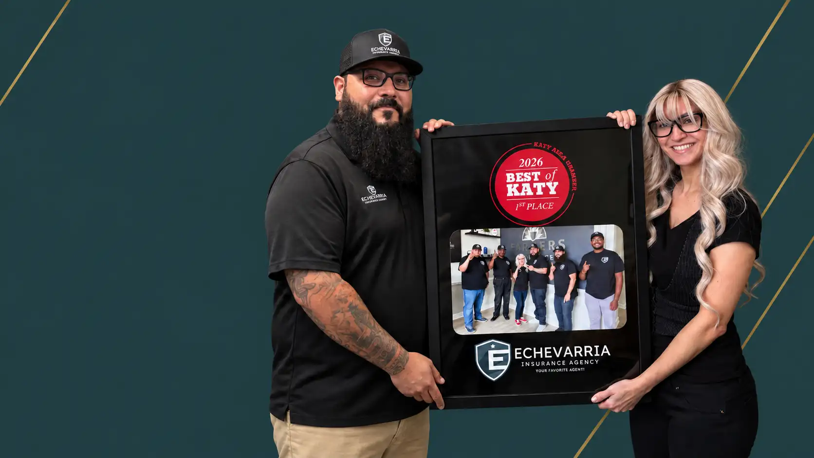 Melissa and Francisco Cisco Echevarria holding the 2026 Best of Katy 1st Place award.