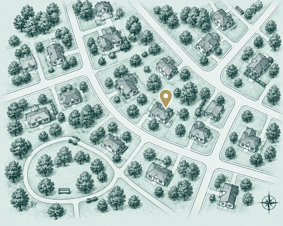 Conceptual overhead neighborhood illustration with homes, trees, streets and a location pin; not a flood-zone map