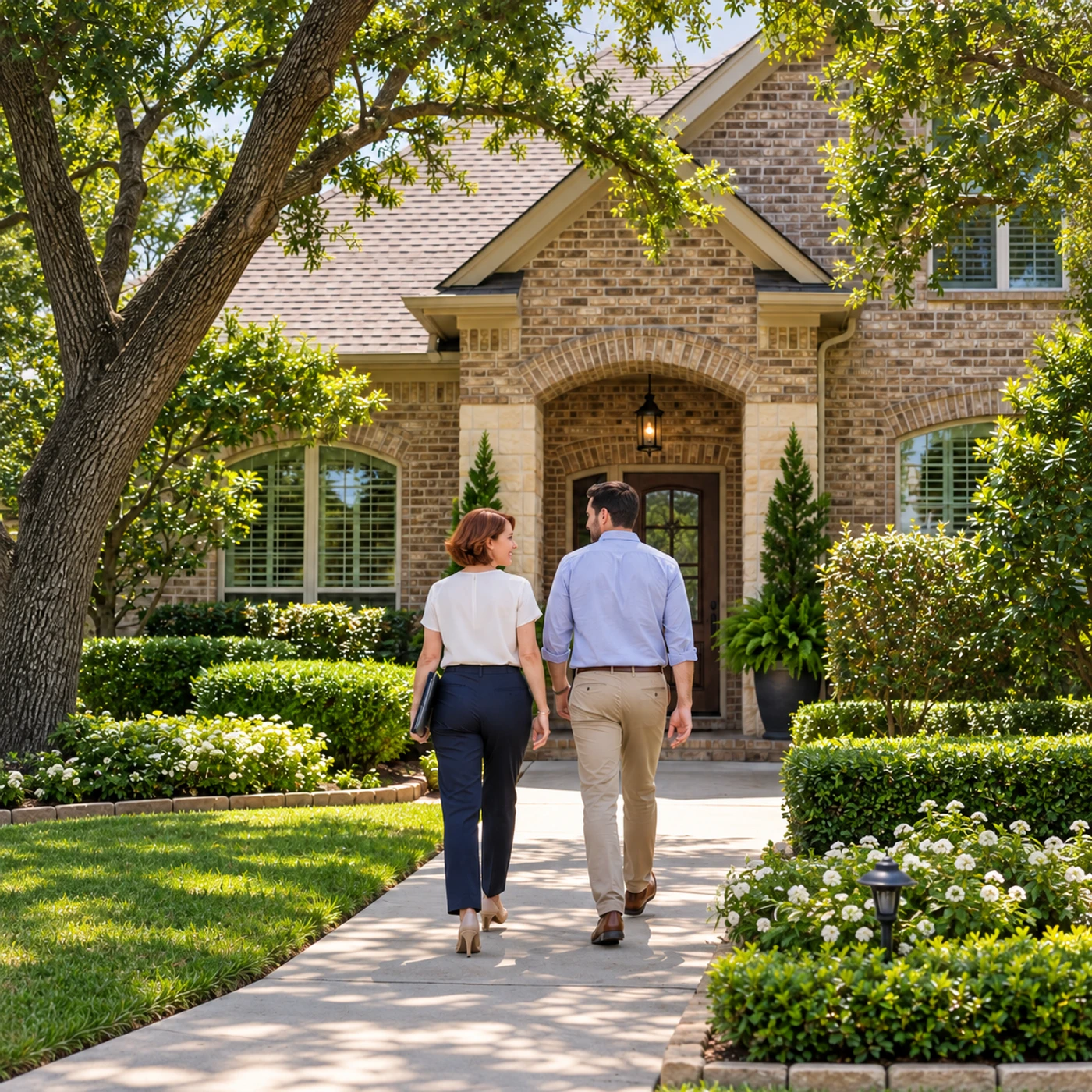 Homeowners walking toward their Katy-area home