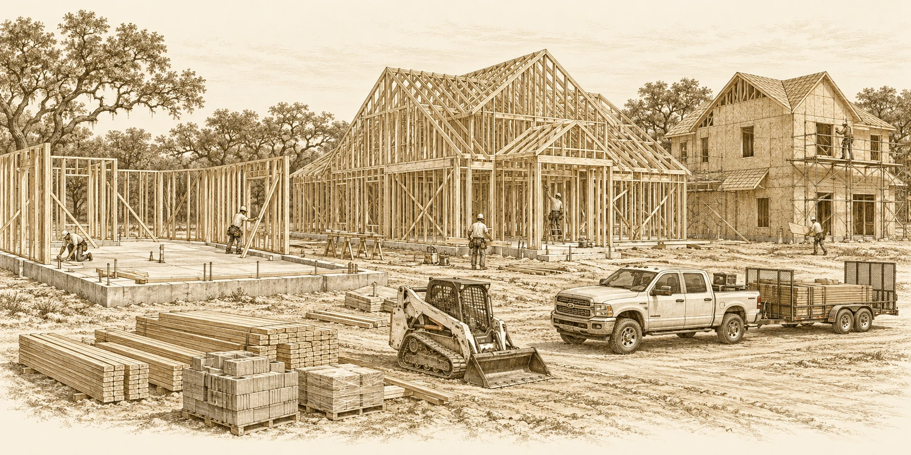 Gold architectural illustration of a residential construction site with homes being framed, construction crews, equipment, and contractor vehicles