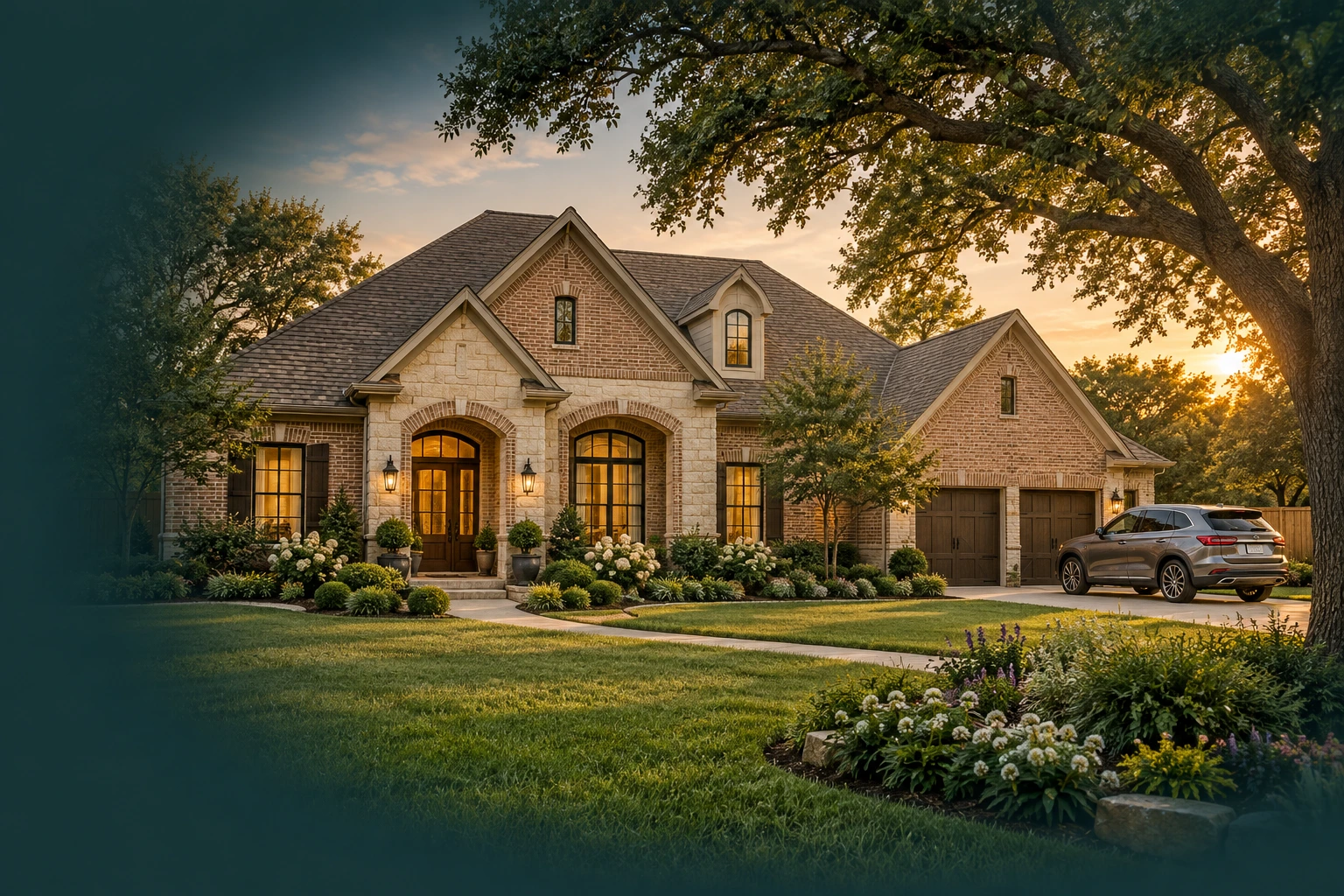 Illustration of a welcoming Texas brick home with an SUV and mature oak tree at sunset