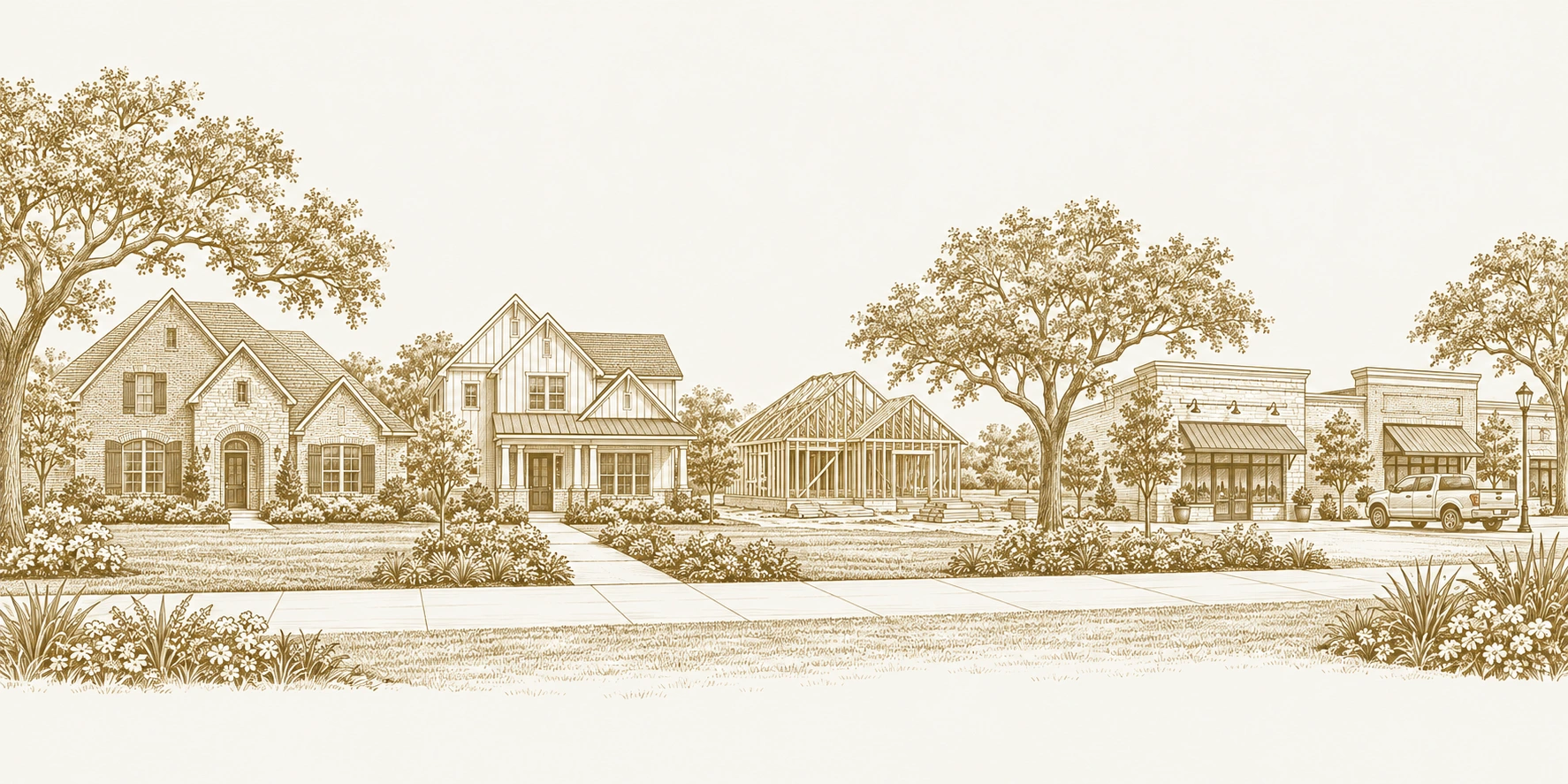 Gold architectural illustration of homes, new home construction, and local storefronts representing growth in Fulshear, Texas