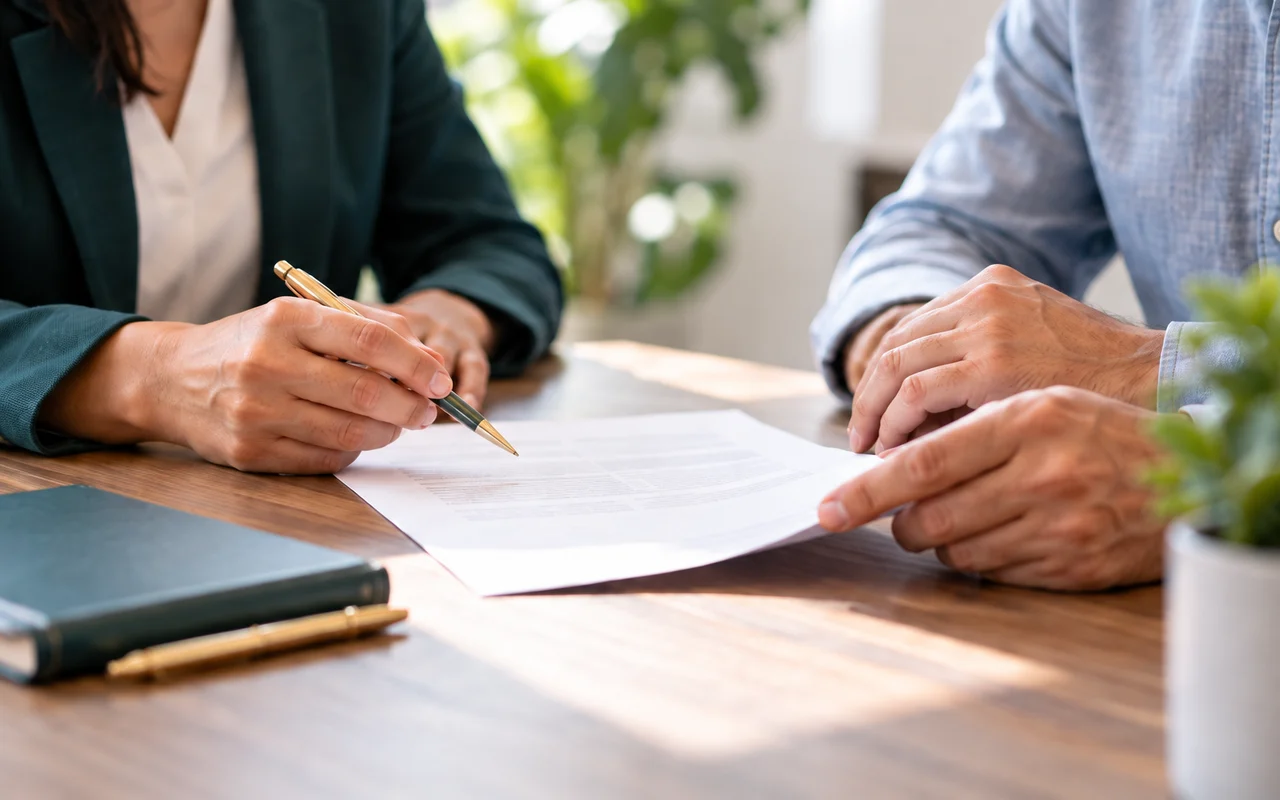 Two people reviewing policy documents together at a desk