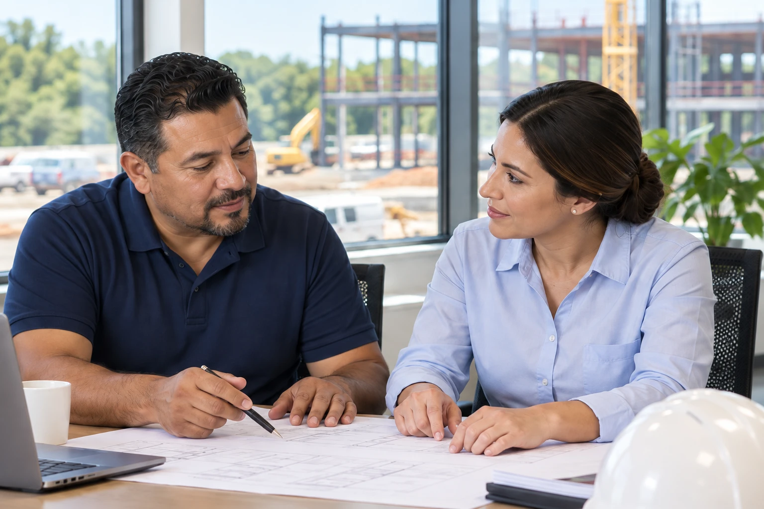 Construction business owners reviewing plans together in their office