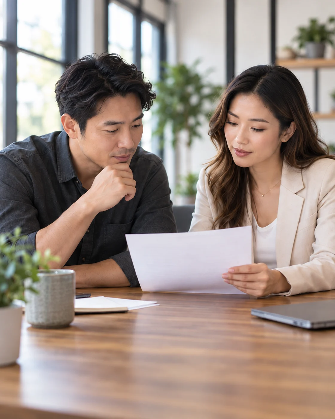 Business owner and adviser reviewing a contract together