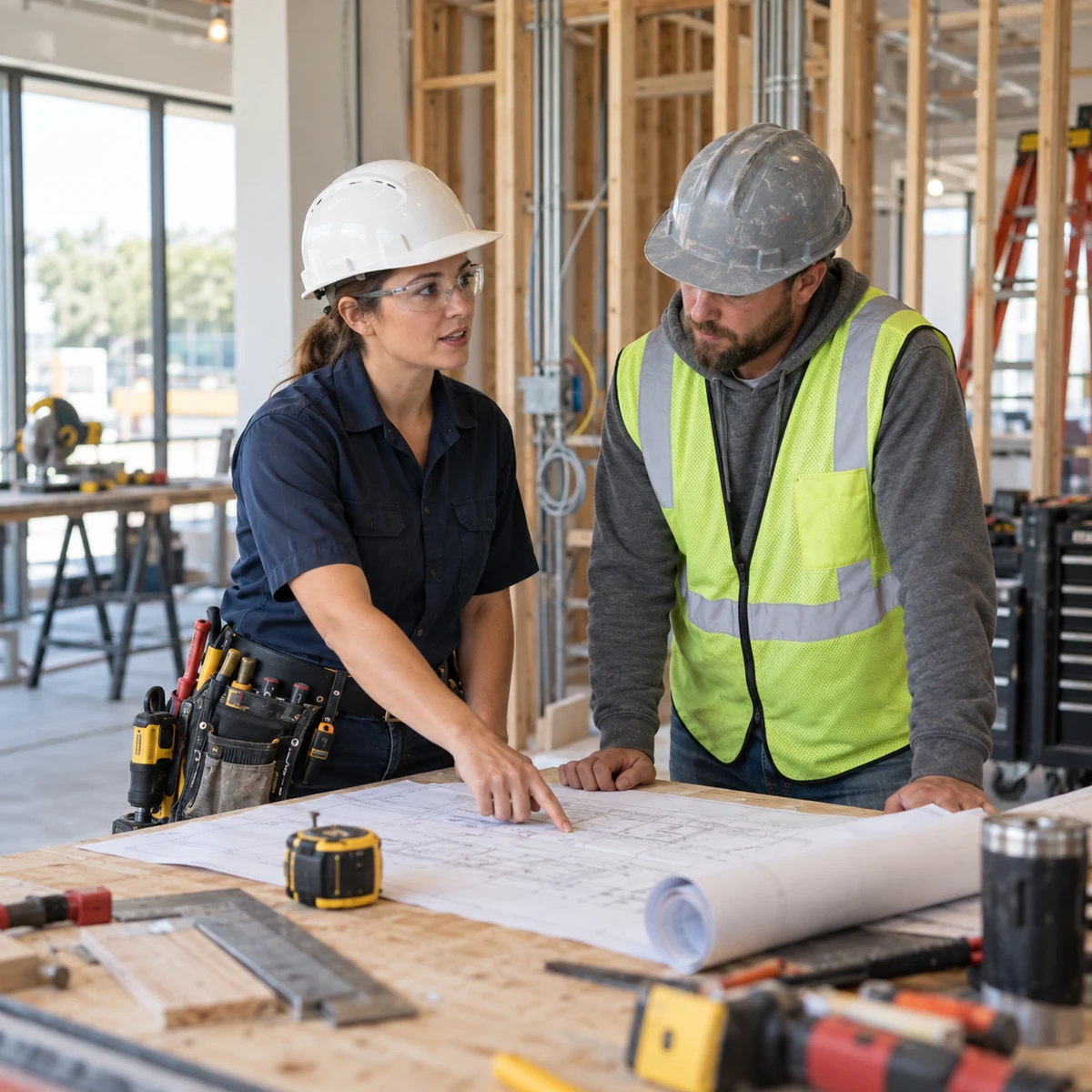 Contractors discussing plans in a commercial workspace