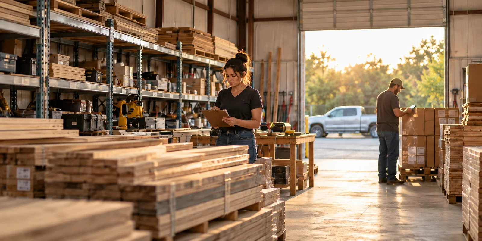 Business owners reviewing inventory in a workshop