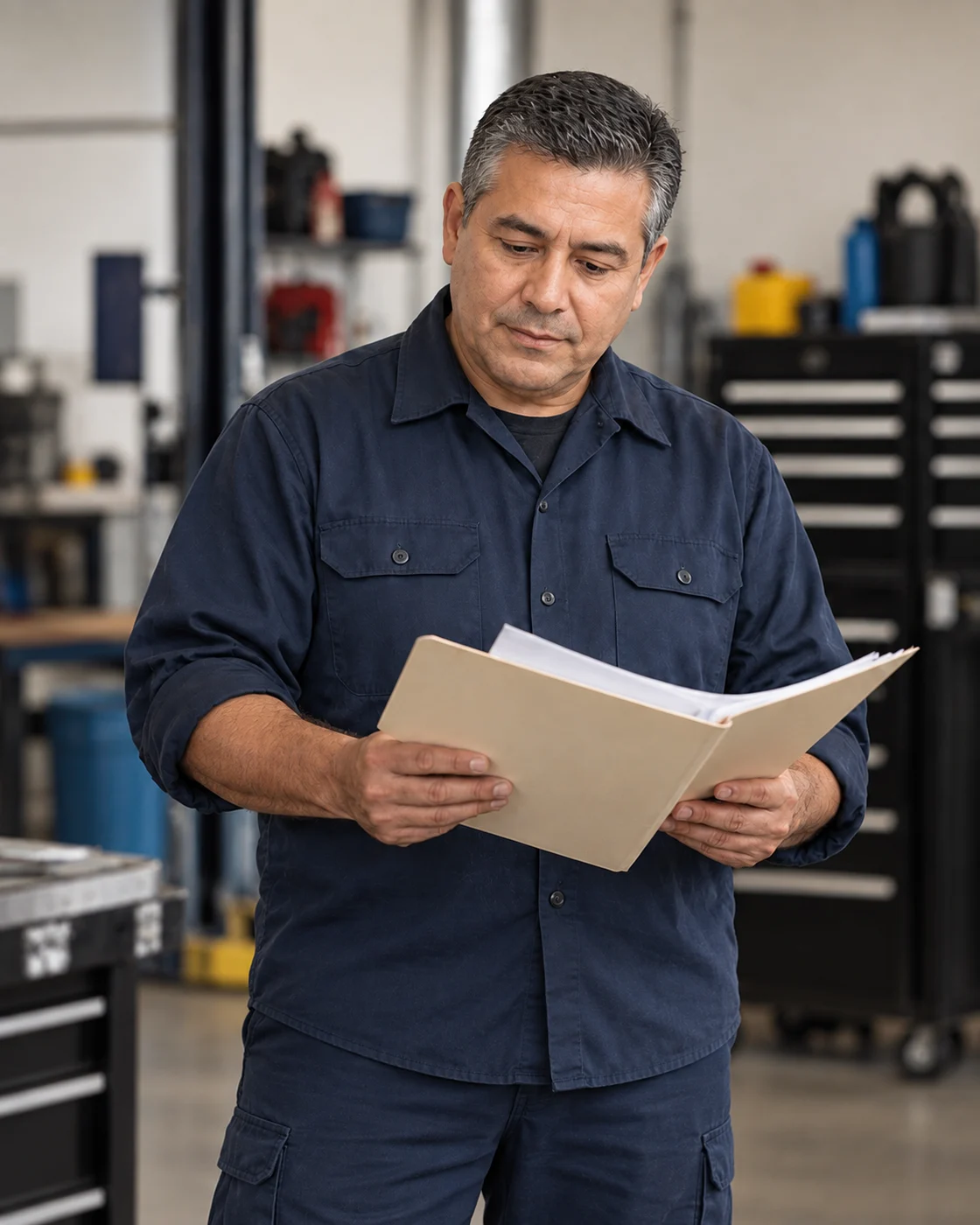 Business owner reviewing documents in his workshop