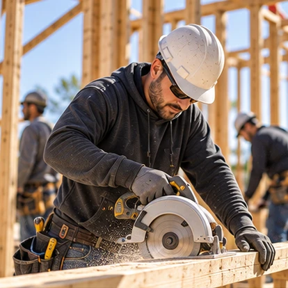Construction worker cutting lumber at a building site