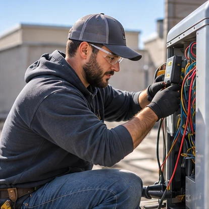 Technician inspecting an outdoor HVAC unit