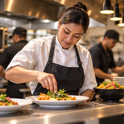Chef plating food in a restaurant kitchen