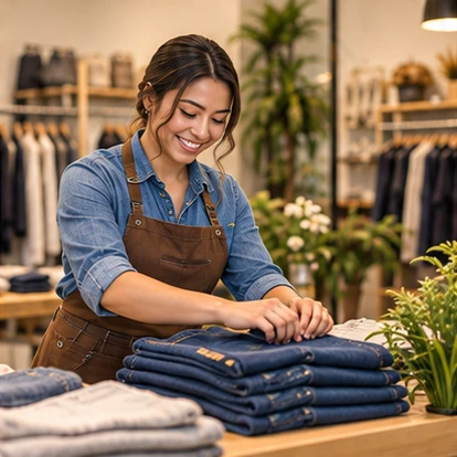 Retail shop owner arranging clothing