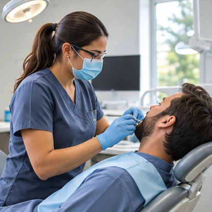 Dental professional examining a patient