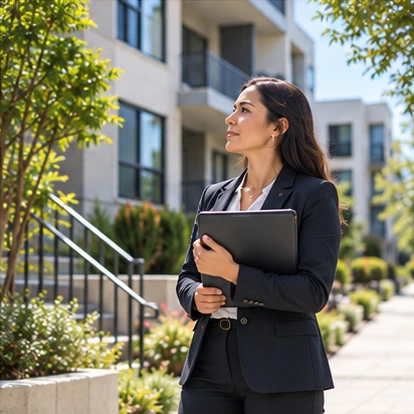 Property manager outside an apartment building