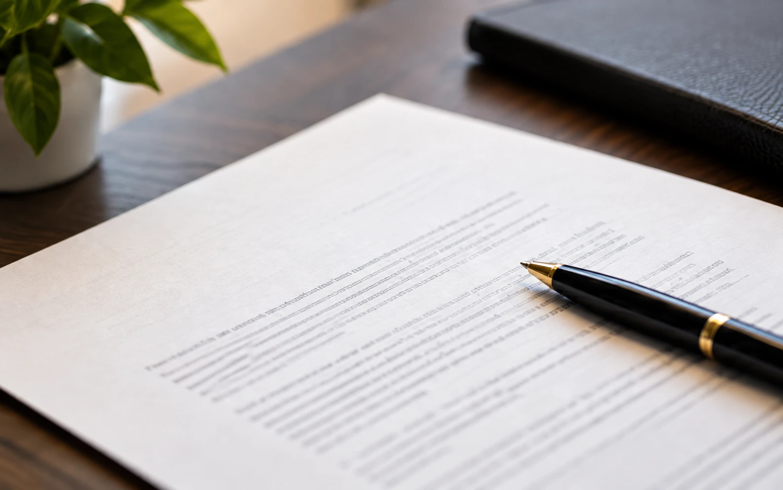 Contract paperwork and a pen on a business desk