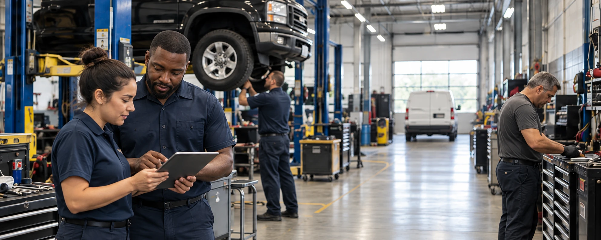 Automotive business team reviewing operations in a workshop with a single cargo van in the rear bay