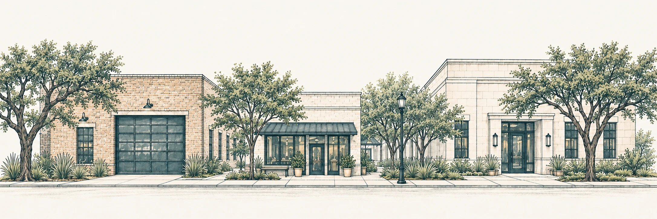 Architectural illustration of a Texas workshop, storefront, and office along a tree-lined street
