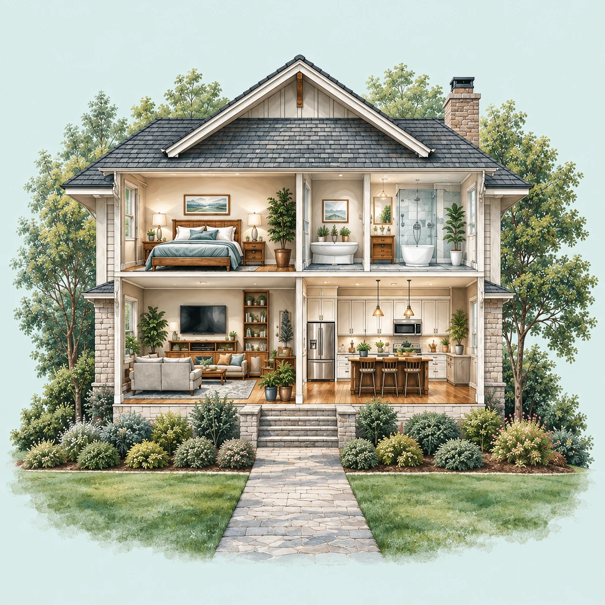 Cutaway illustration of a home showing its structure, furnished rooms, and household belongings