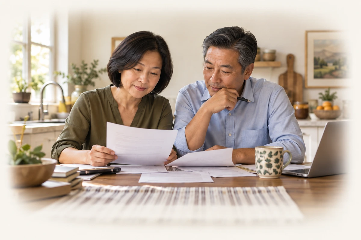 Homeowners reviewing insurance documents together at their kitchen table