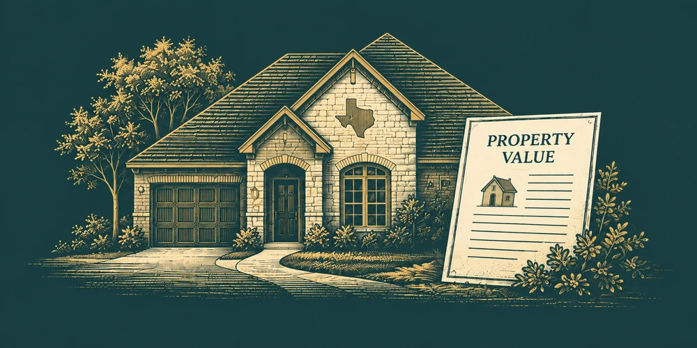 Engraved illustration of a completed home beside a property-value document
