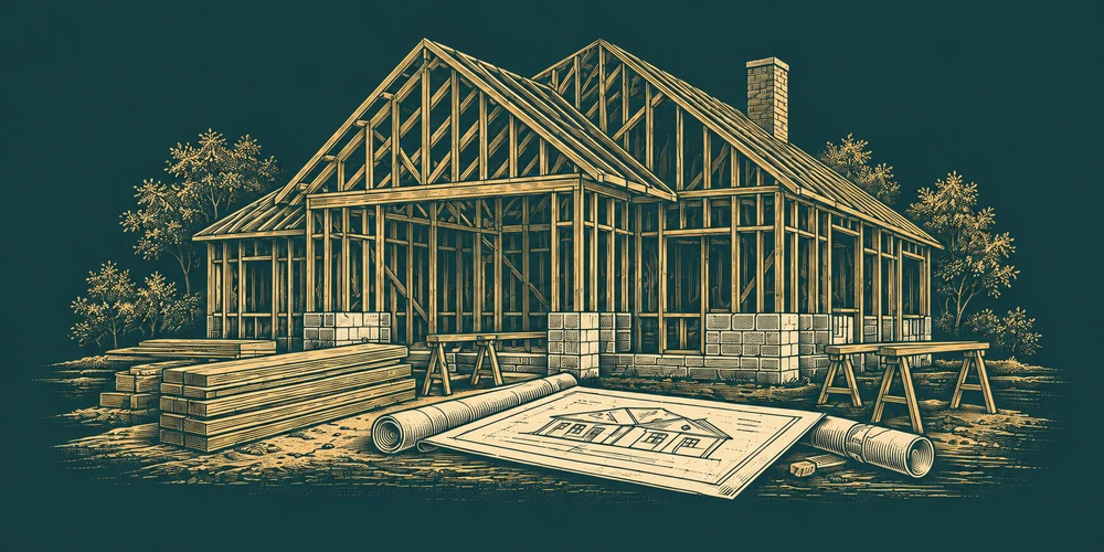 Engraved illustration of a timber-framed home under construction with lumber and building plans