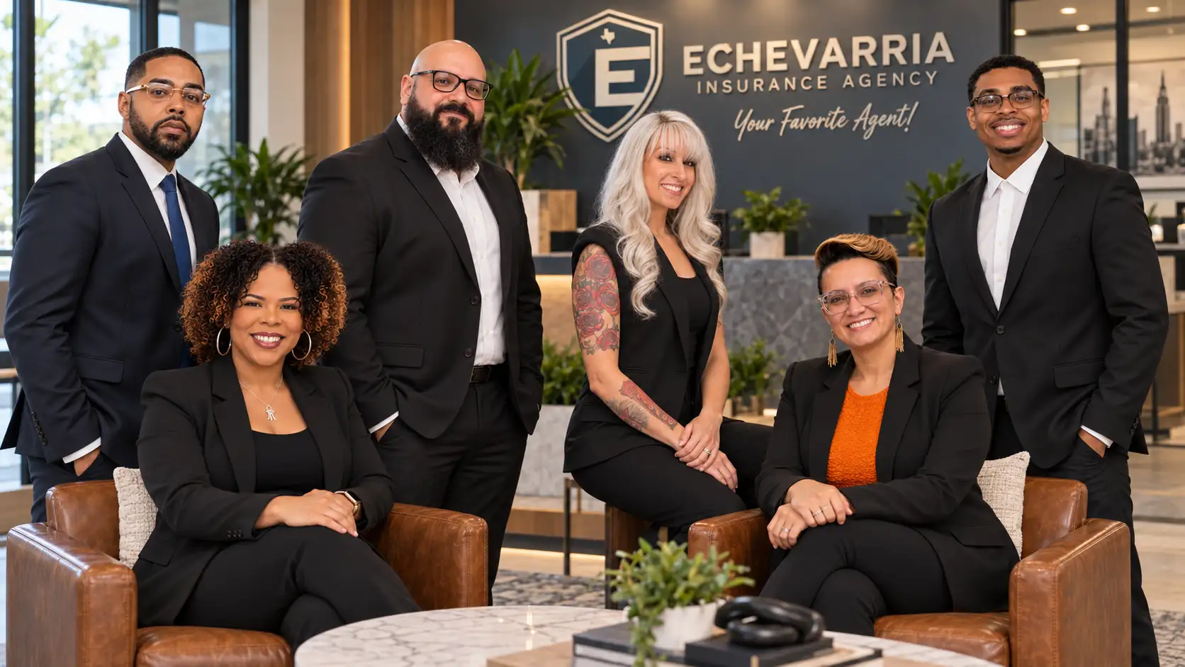 Echevarria Agency team gathered in the office lounge beneath the agency sign