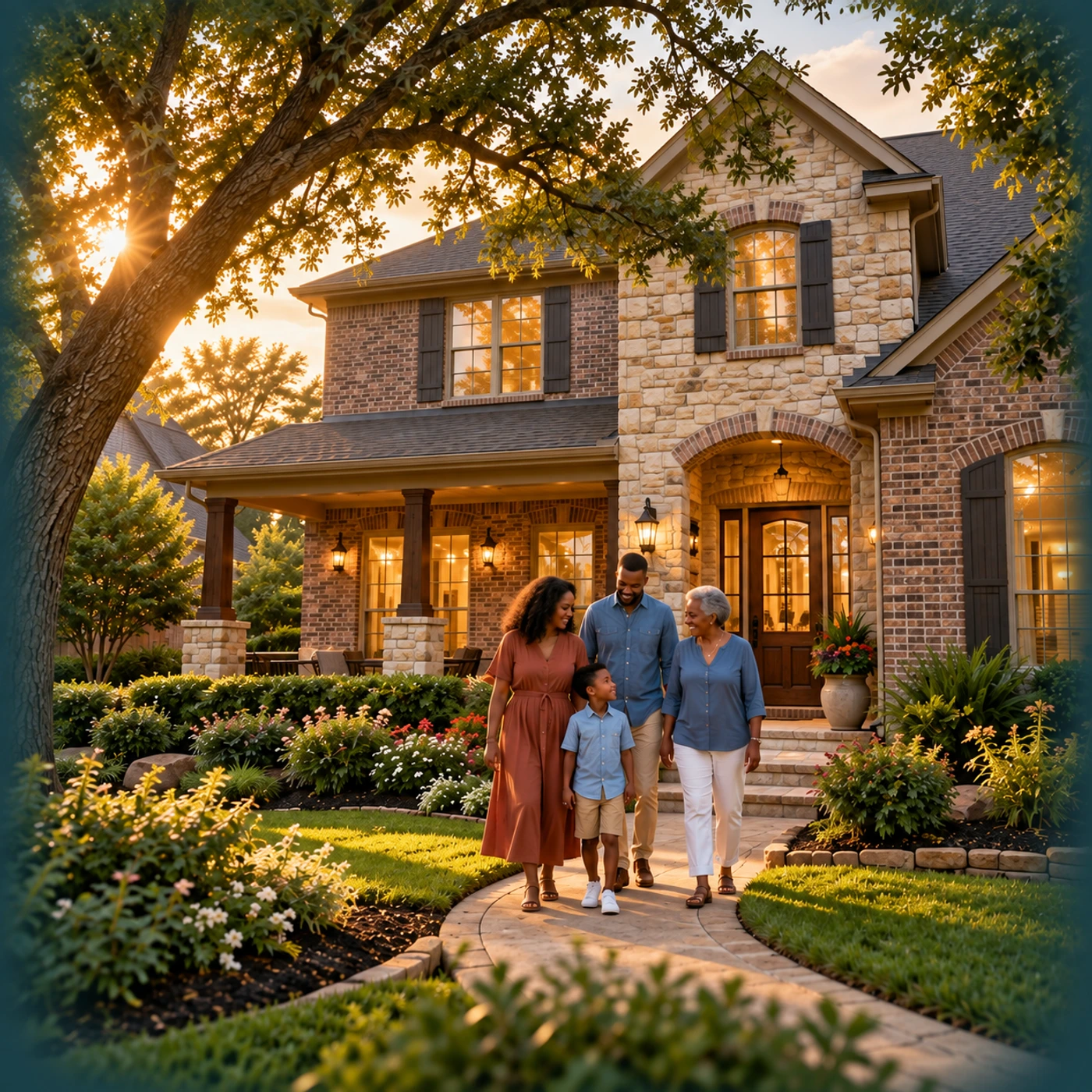 Illustration of a multigenerational family outside a welcoming brick-and-stone Texas home