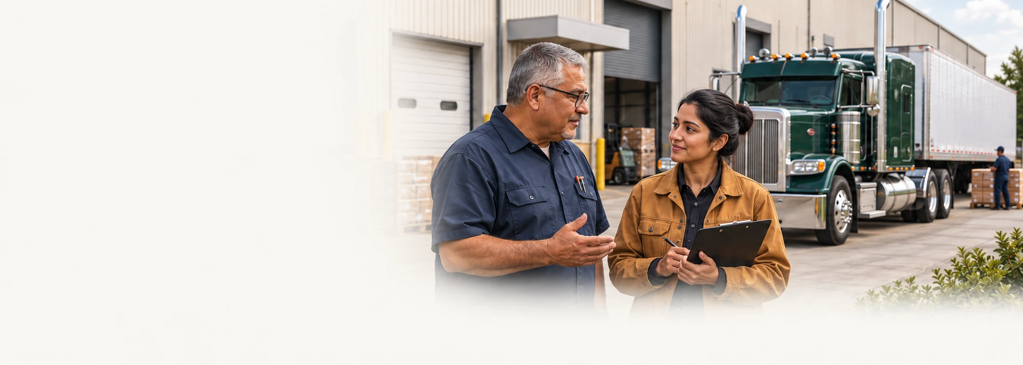 Two business professionals discussing operations beside a warehouse and a Peterbilt Model 589 semi-truck