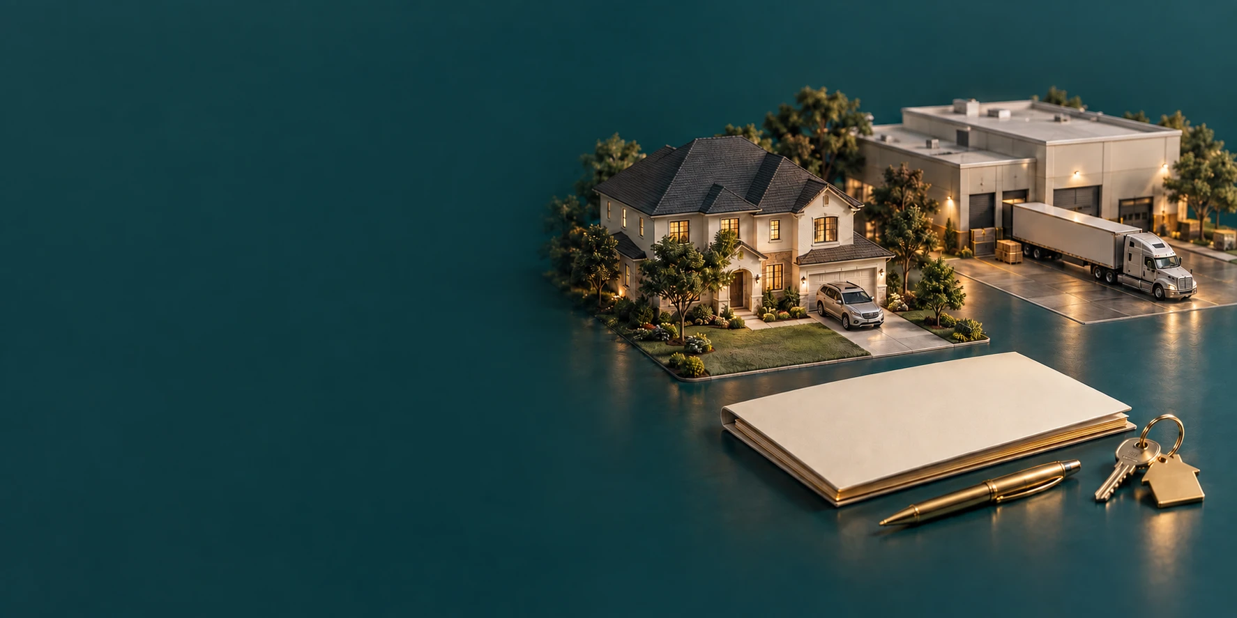 Illustrated home, family car, commercial property, semi-truck, and coverage review folder