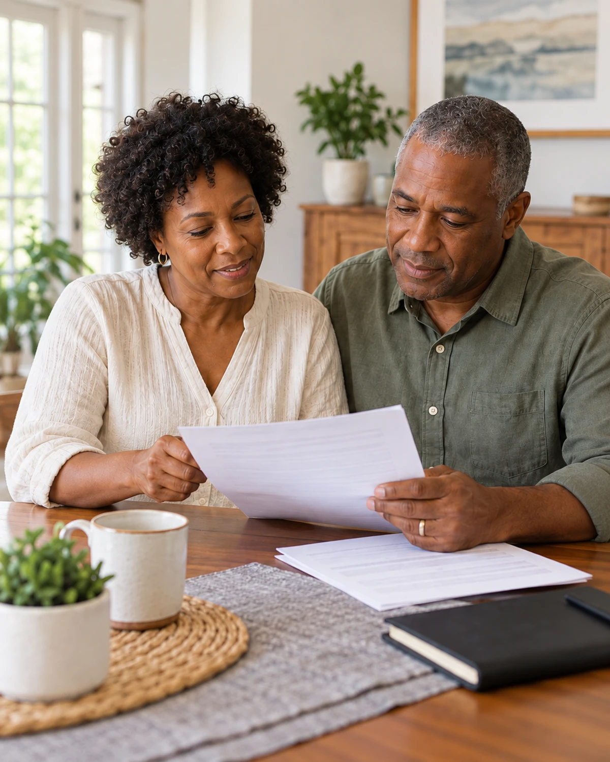 Couple reviewing their life insurance documents together at home