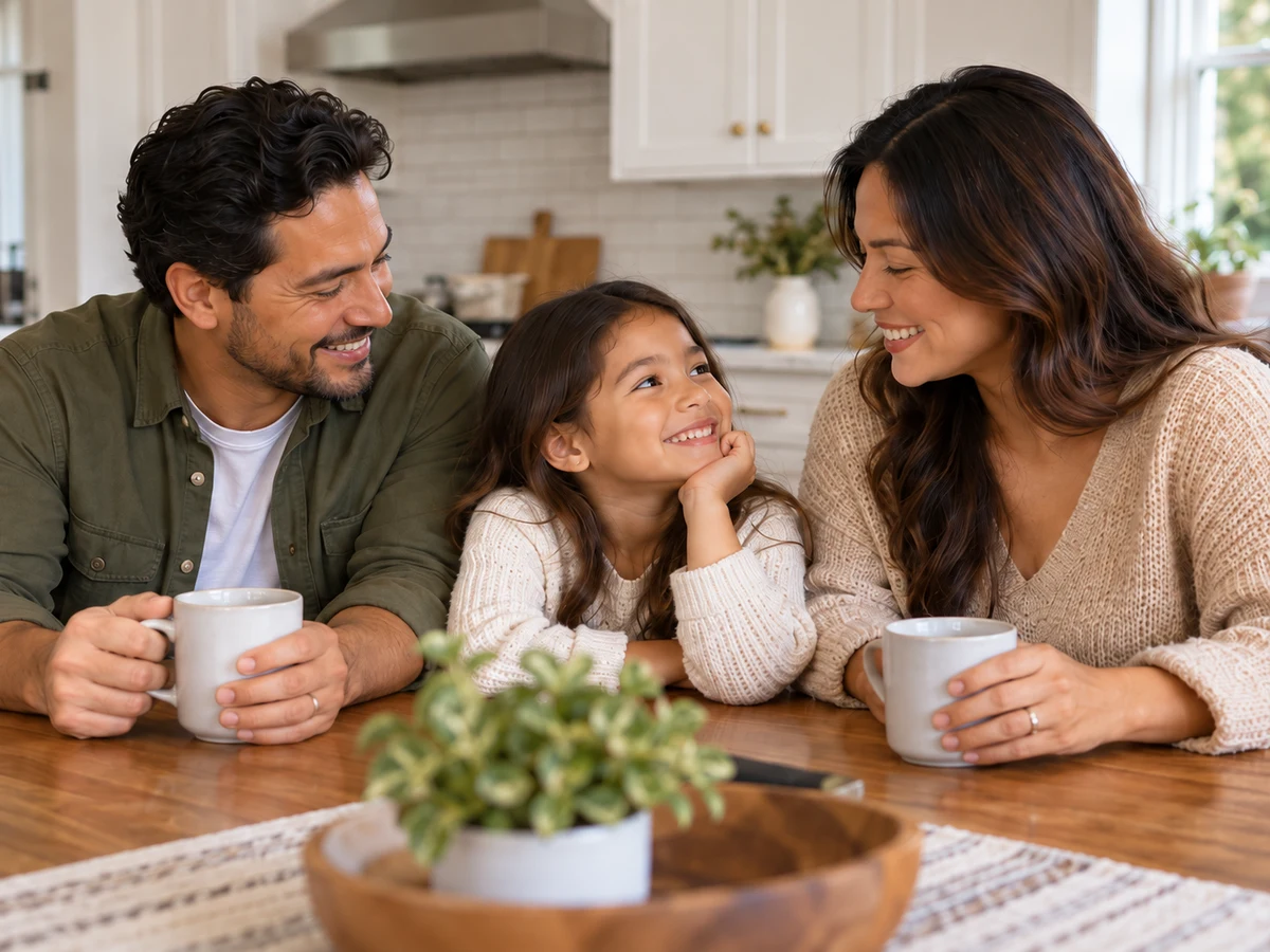 Parents and their daughter sharing a warm moment at their kitchen table