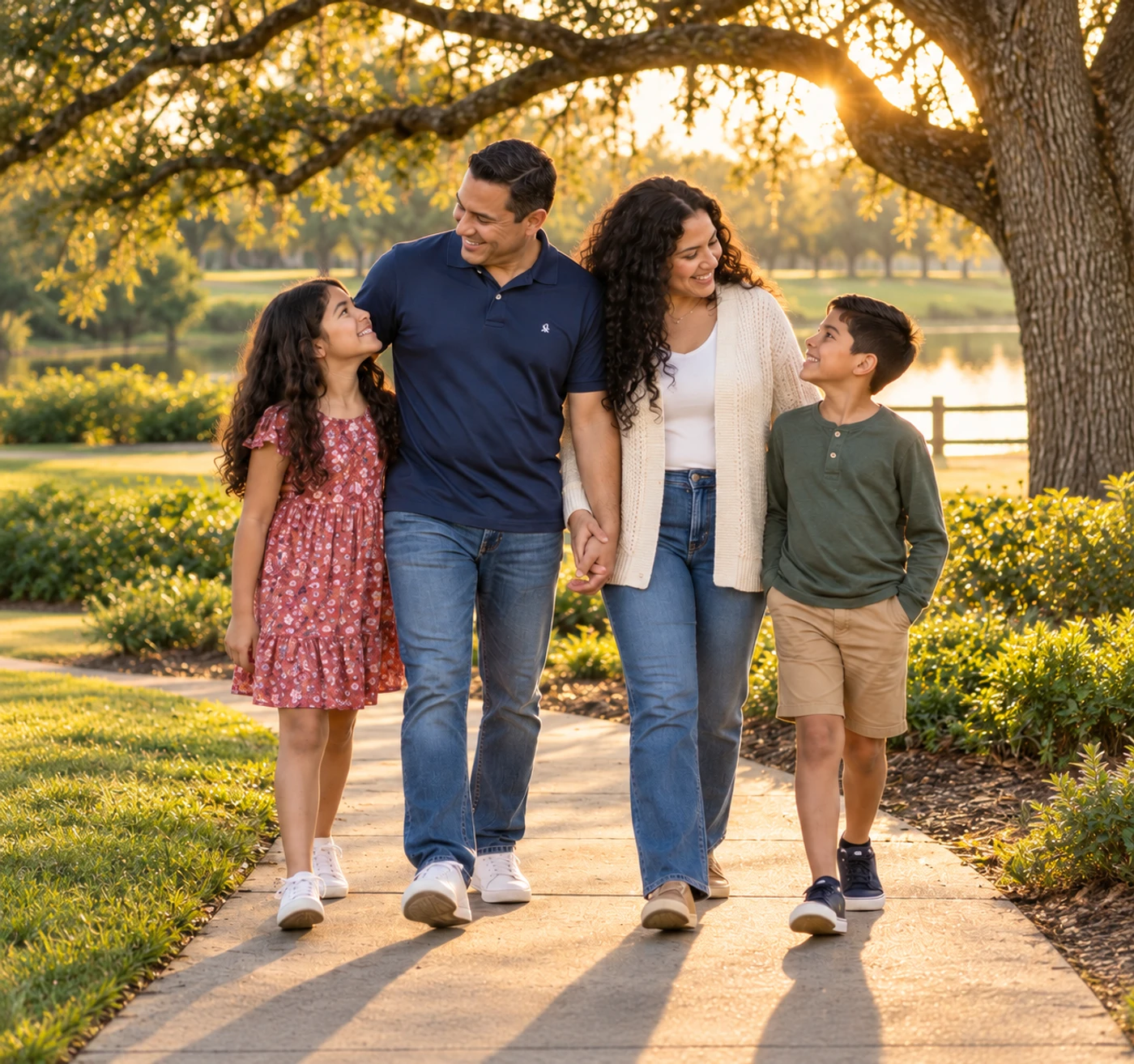 Parents and their two children walking together through a sunlit park