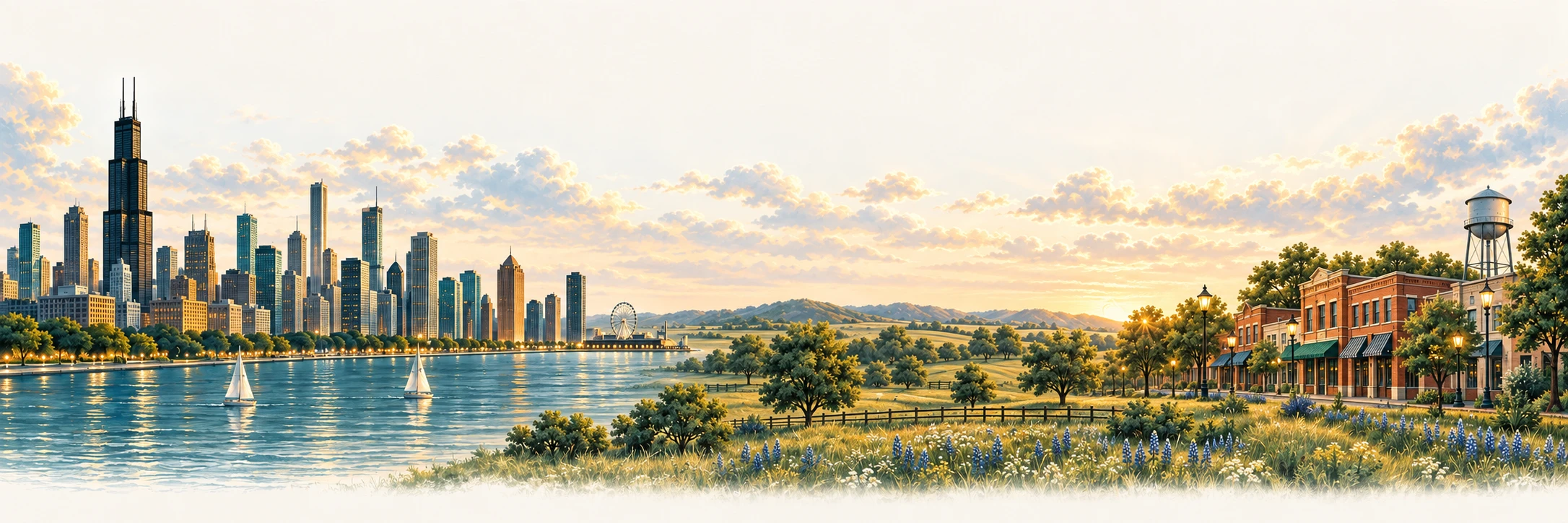 Illustrated panorama joining the Chicago lakefront skyline with Katy storefronts and a Texas landscape