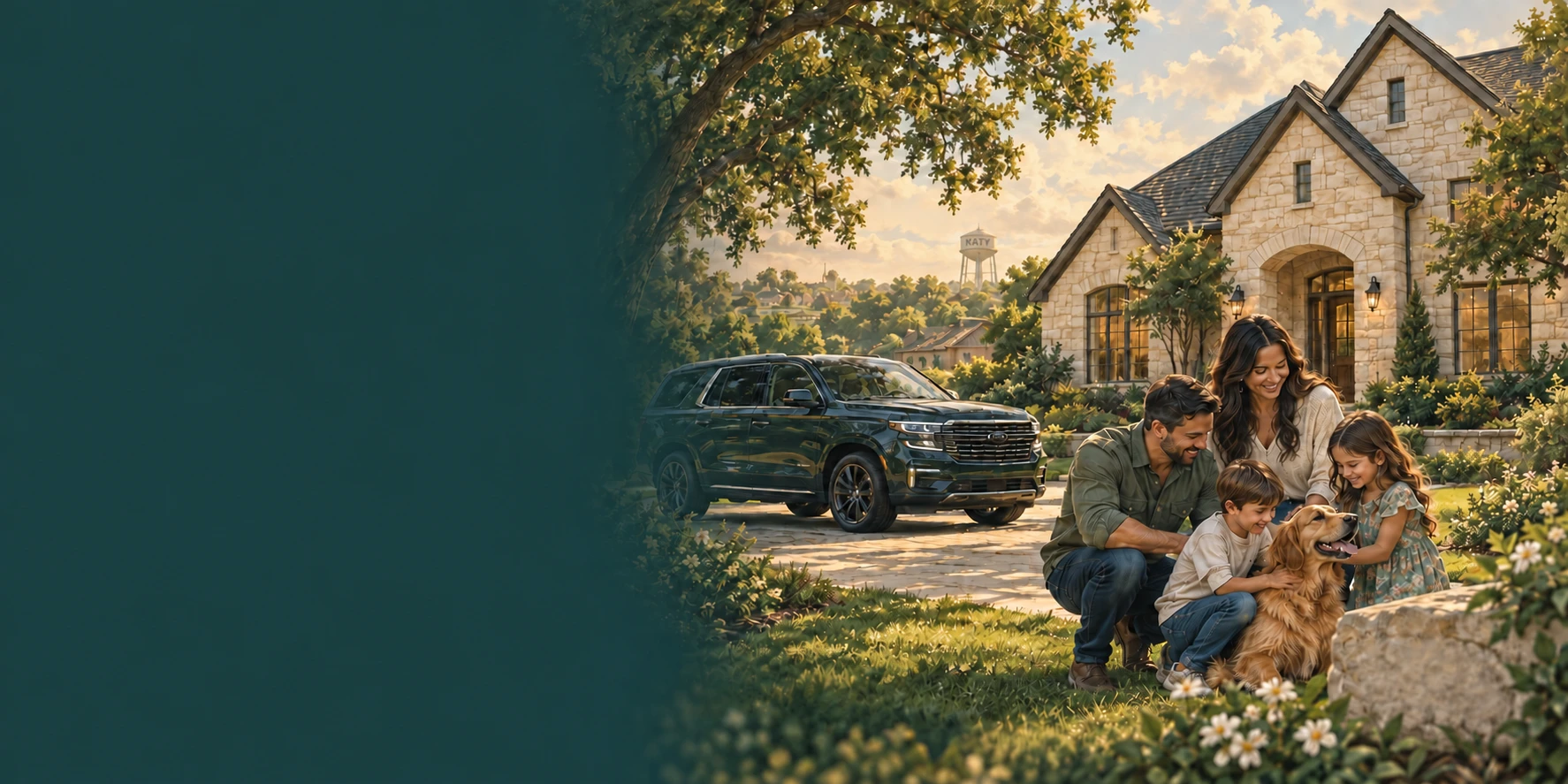 Illustration of a family with their dog outside a Katy home, with an SUV and Katy water tower in the background