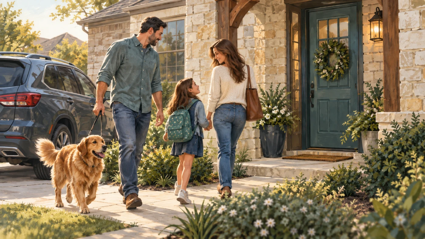 Illustration of a family and their dog arriving home beside their SUV