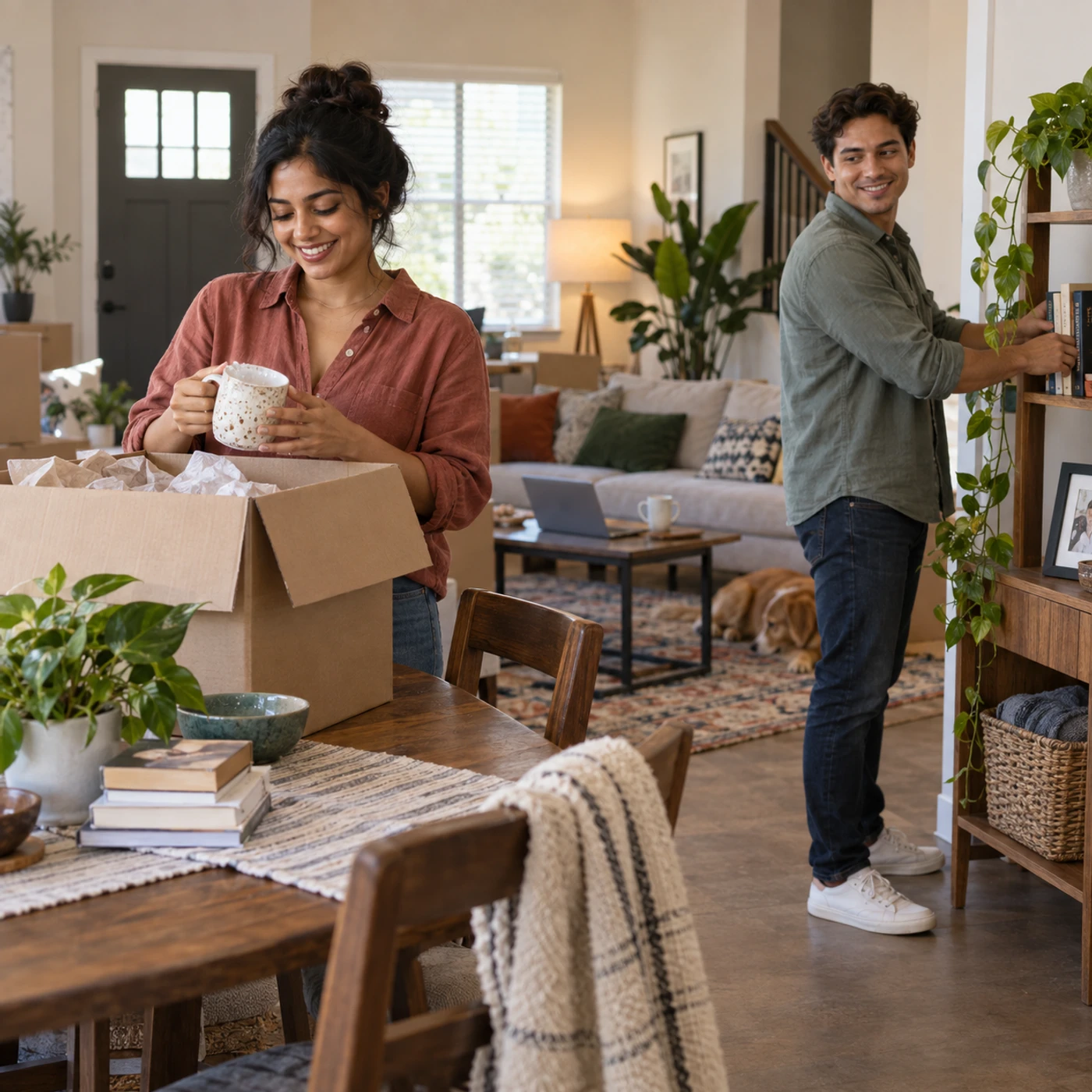 Couple unpacking personal belongings and settling into a rented home