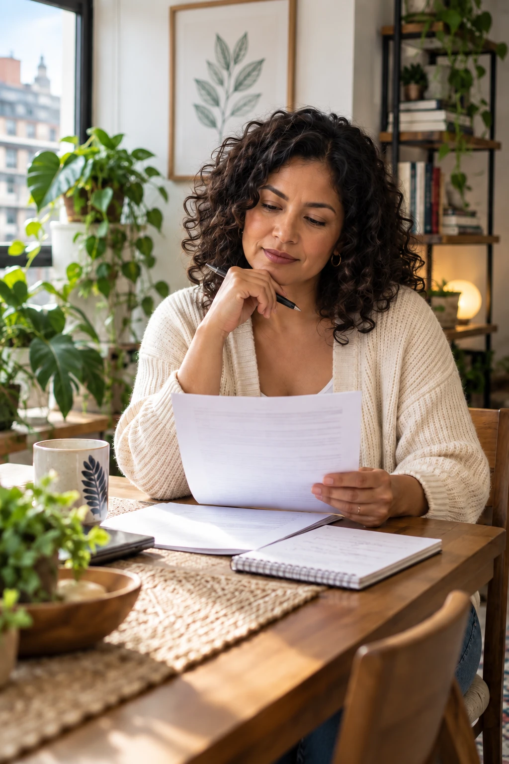 Renter reviewing insurance documents at her apartment dining table