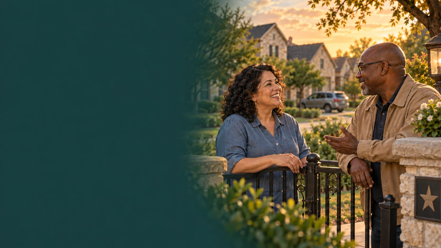 Illustration of two neighbors sharing a friendly conversation outside a Katy home