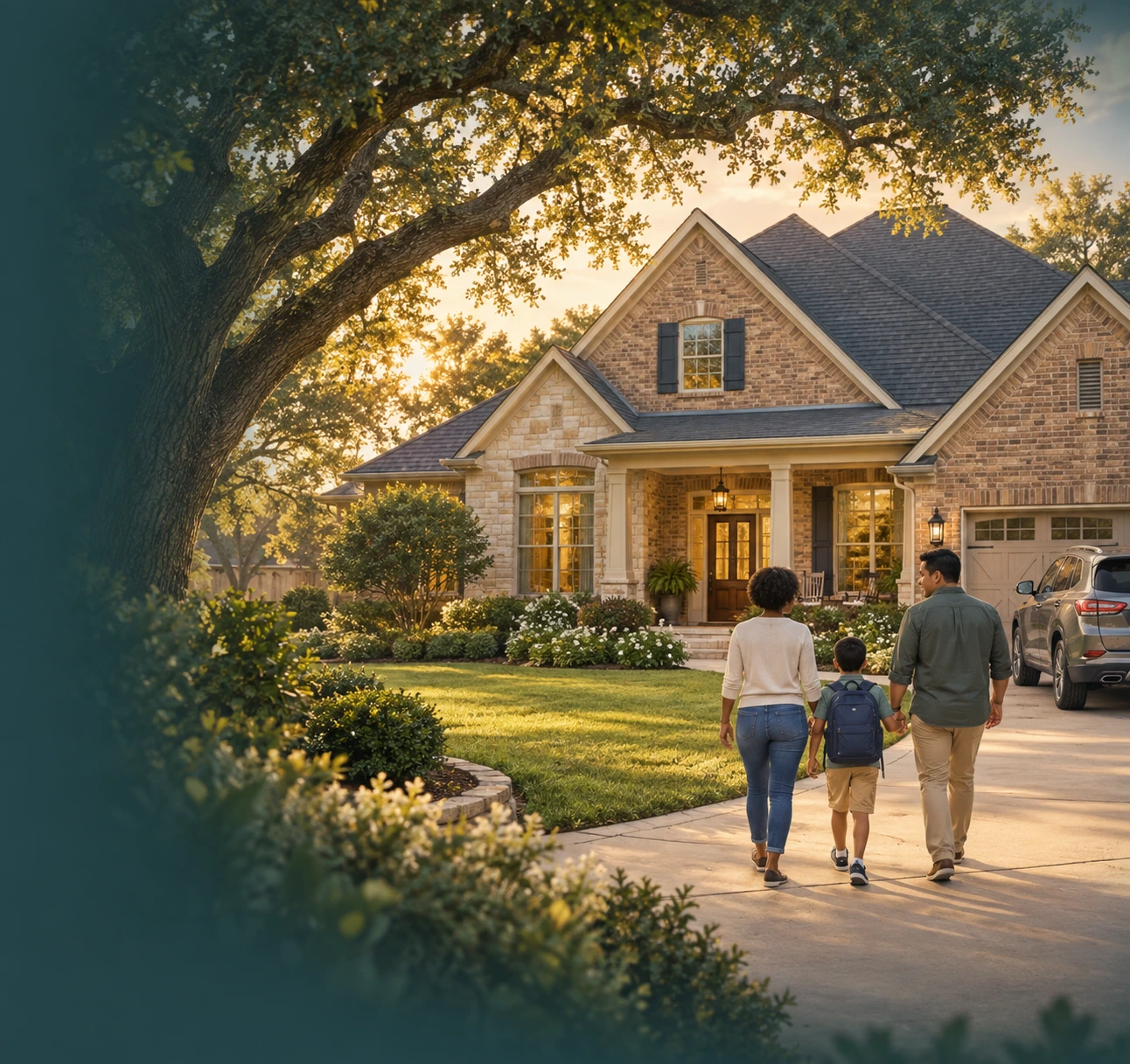 Illustration of a family approaching a brick home beneath a live oak, inspired by Richmond and Fort Bend, Texas