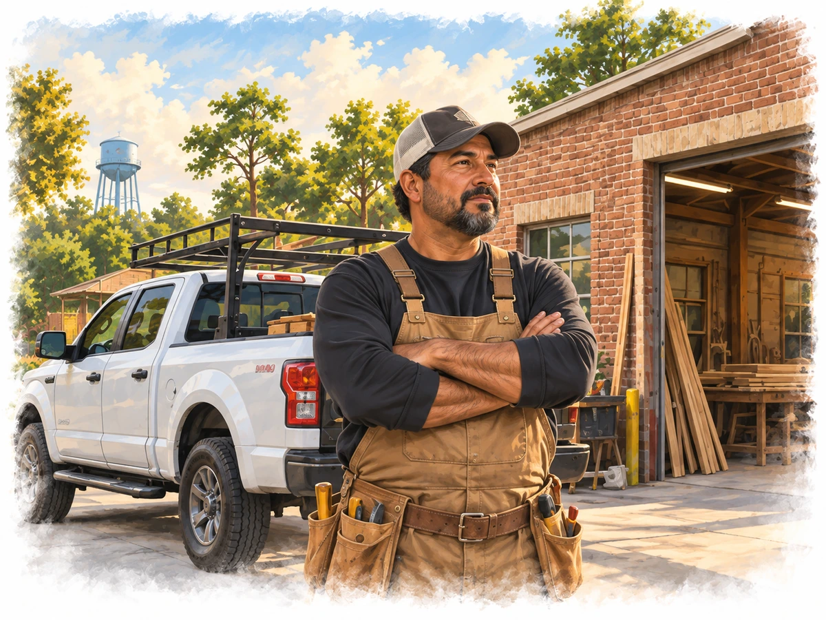 Illustration of a contractor outside his workshop with a work pickup