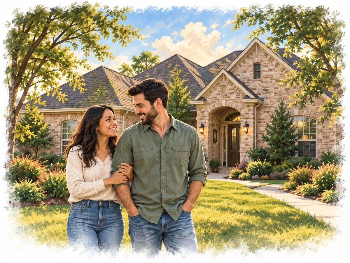 Illustration of a couple outside a brick home in a Texas neighborhood