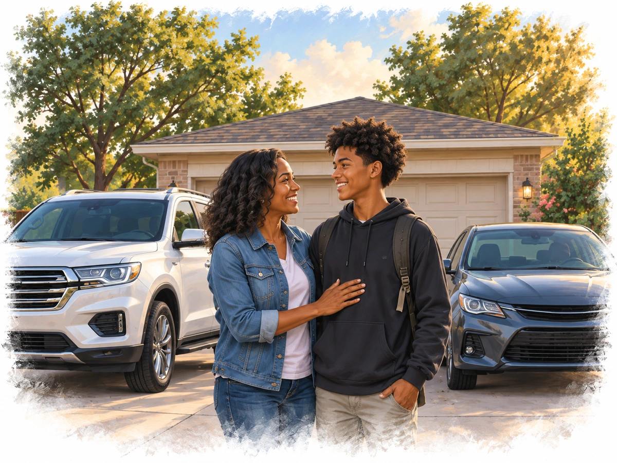 Illustration of a mother and teenage driver beside their family vehicles
