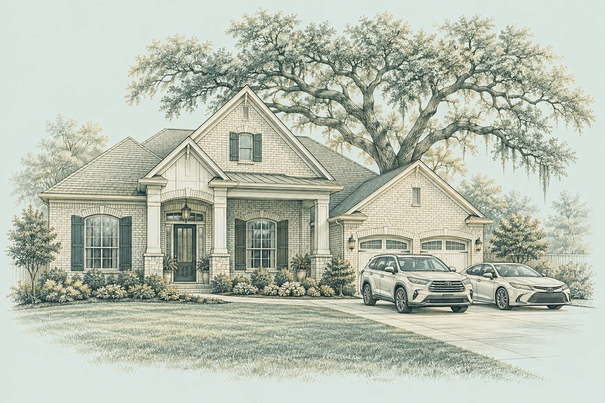 Architectural illustration of a Richmond-inspired brick home, family vehicles, and a mature live oak