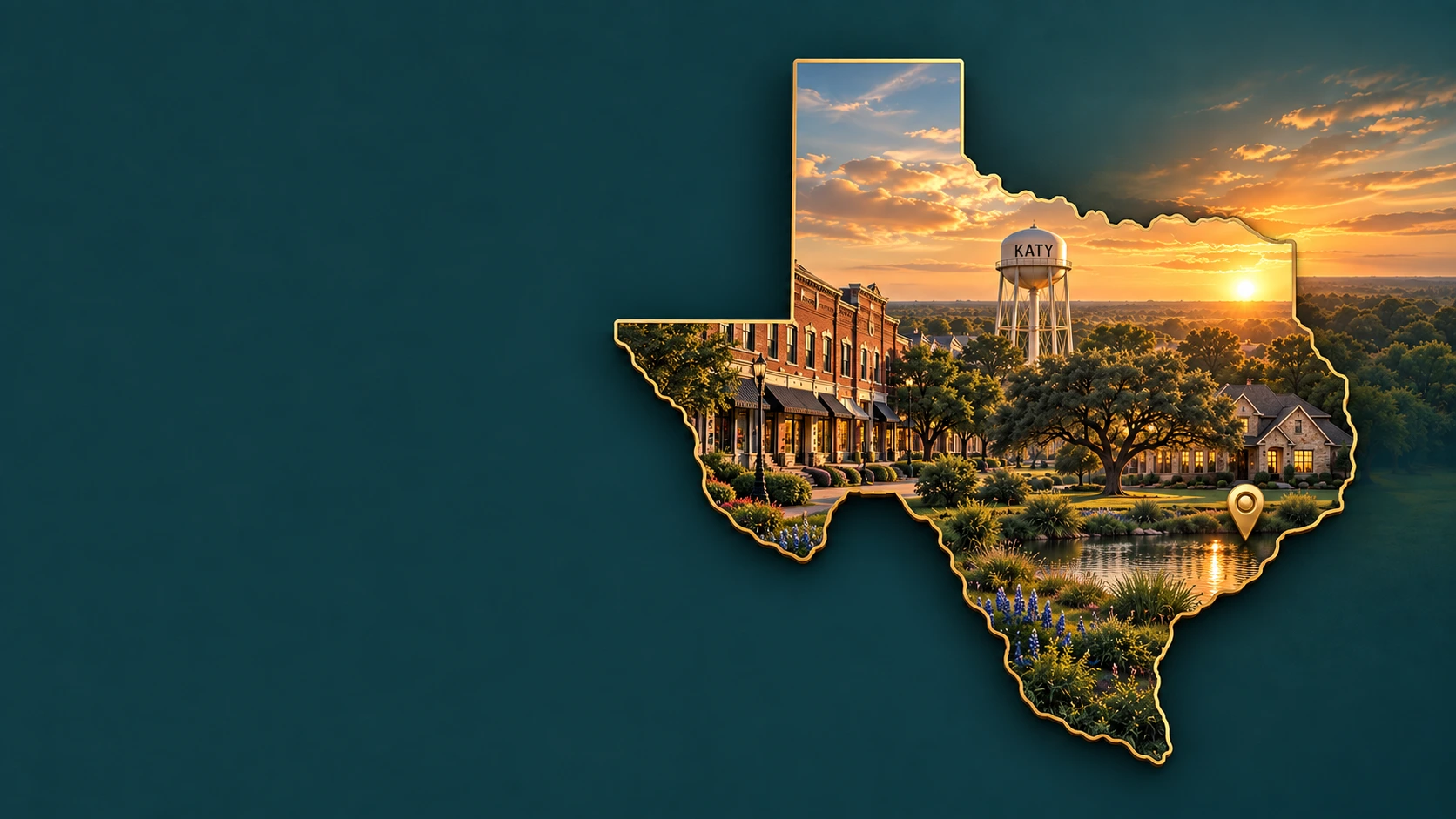 Texas silhouette filled with Katy storefronts, homes, a live oak, and a Katy water tower at sunset