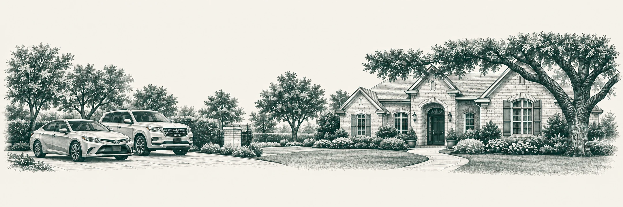 Coordinated engraved illustration of two vehicles and a Texas home