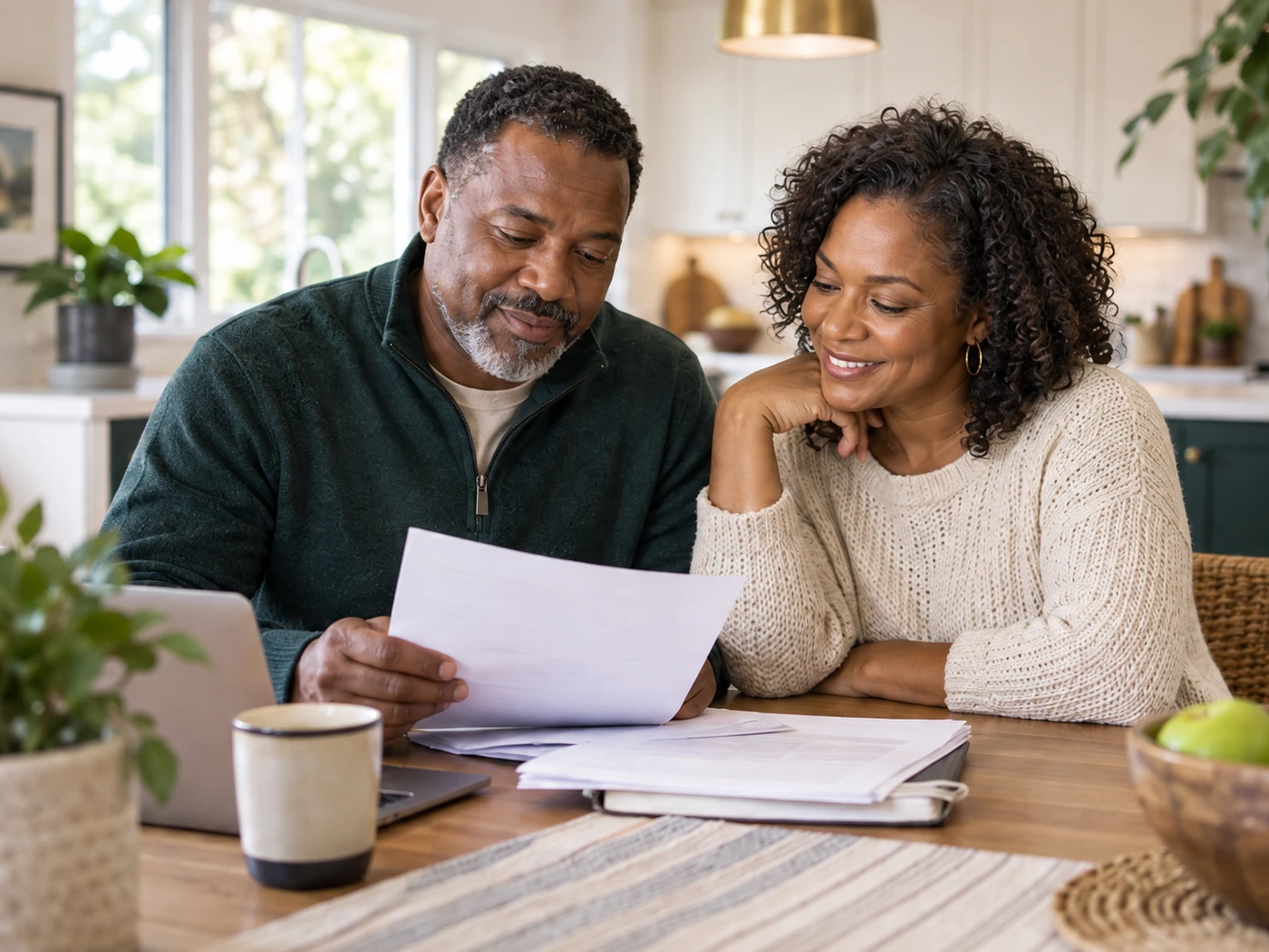 Couple reviewing their insurance documents together at their kitchen table