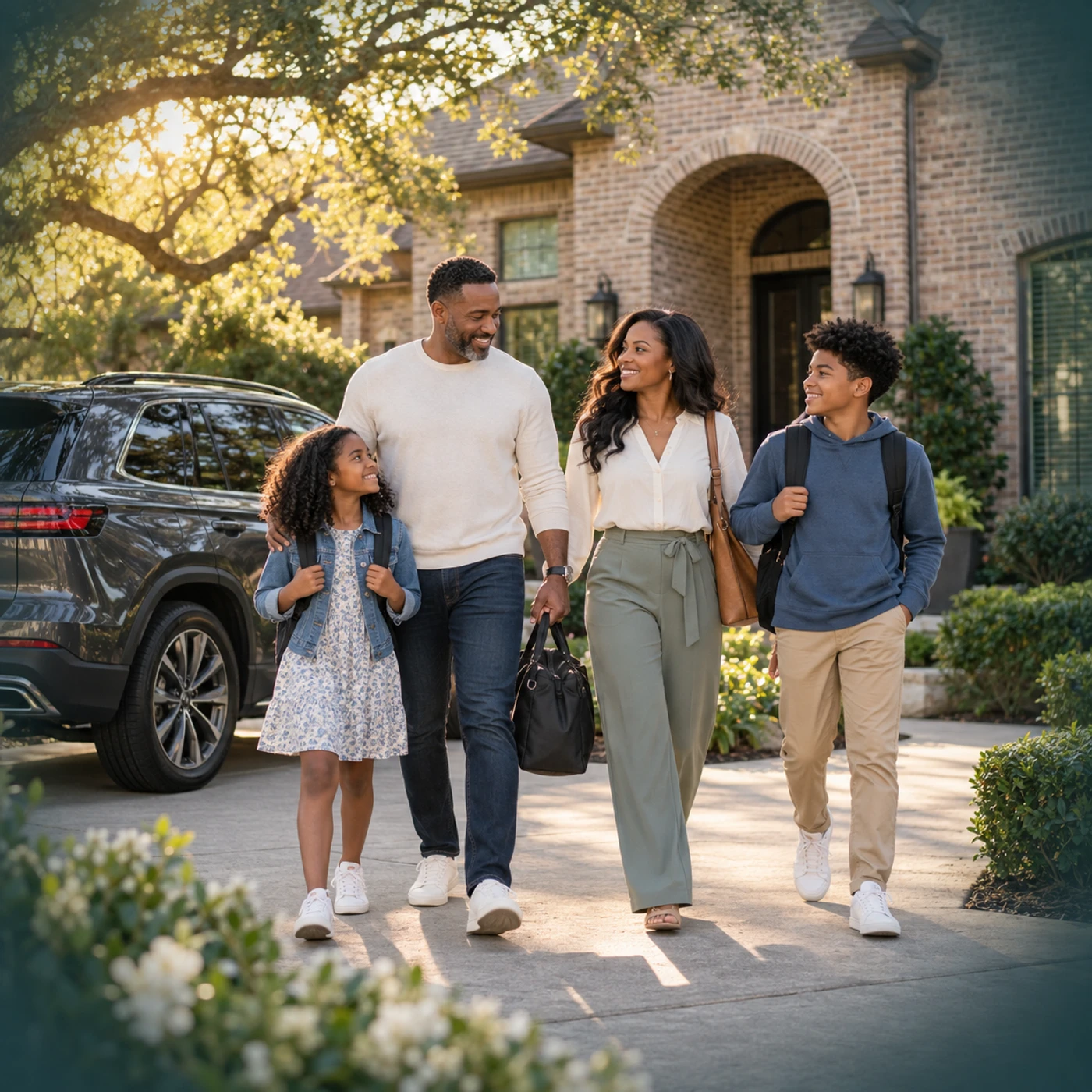 Family outside their Katy-style home with a vehicle in the driveway