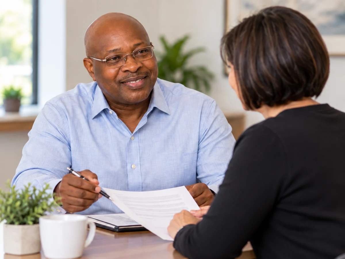 Adedamola discussing insurance documents with a client